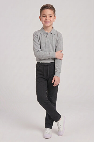 nacar çarşı Boy's Gray Long Sleeve Polo Collar T-Shirt Black Ribbed Waist Can...