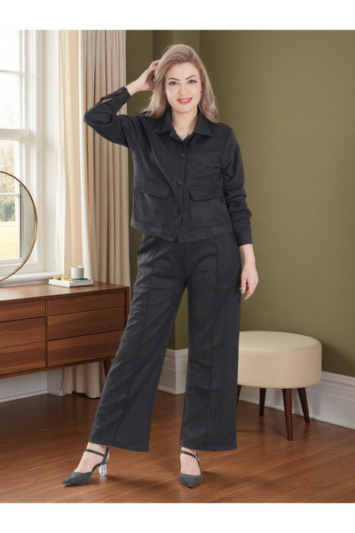 Finelook Women’s Suede Two-Piece Set – Button-Up Jacket & Wide-Leg Pants | Mo...
