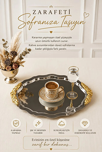 Kitchen Life Büyük Boy Vintage İşlemeli Oval Gold Kahve Sunum Tepsisi-Servis ...