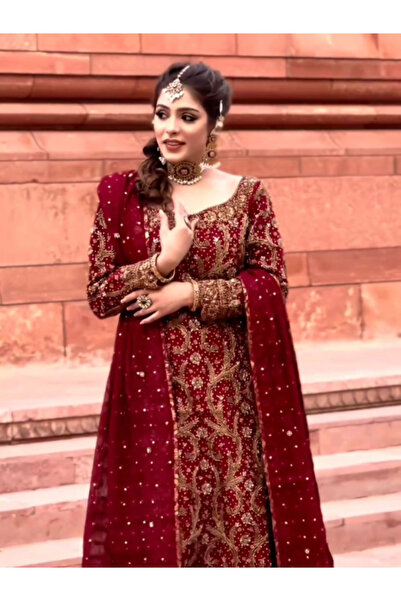 MYSMAR Maroon Faux Georgette Kameez Salwar Dupatta -NHRT2766 | Maroon-Size:L-...