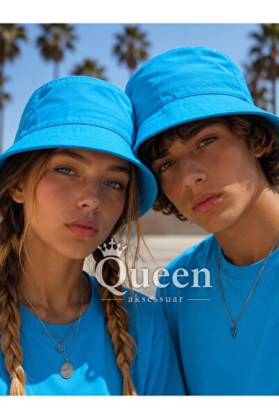 QUEEN AKSESUAR Unisex Solid Color Turquoise Blue Bucket Hat with Writing Fish...