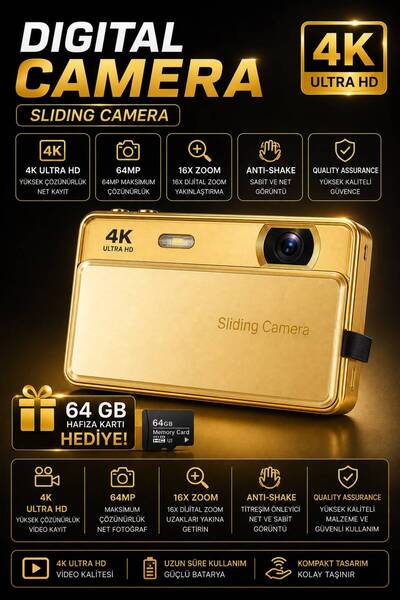 WUNİT 4K UHD 64 MP Siliding Dijital Kamera 16X ZOOM Flas 64 GB SD Kart Kızakl...