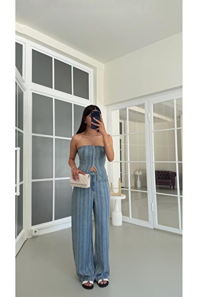 GAUS CO Mavi Bustiyer Palazzo Pantolon Çizgili Denim Takım GAUS-01686