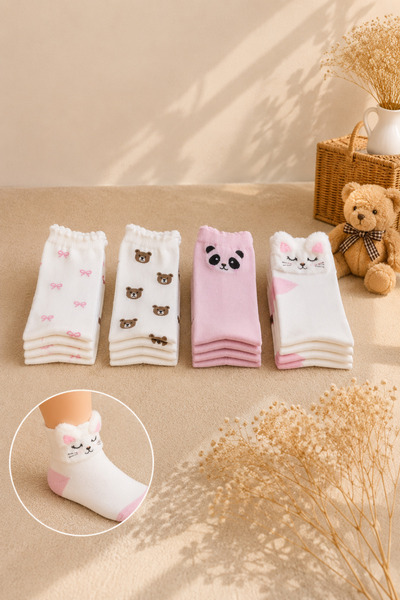 çorapmanya 4 Çift 3 Boyutlu Kedi + Panda Desenli Çok Renkli Desenli Kadın Pat...