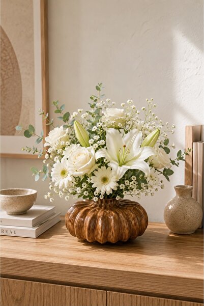 Yumuk Shop Terra Bloom Wood Look Ceramic Vase Nordic Modern Bohemian Decorati...