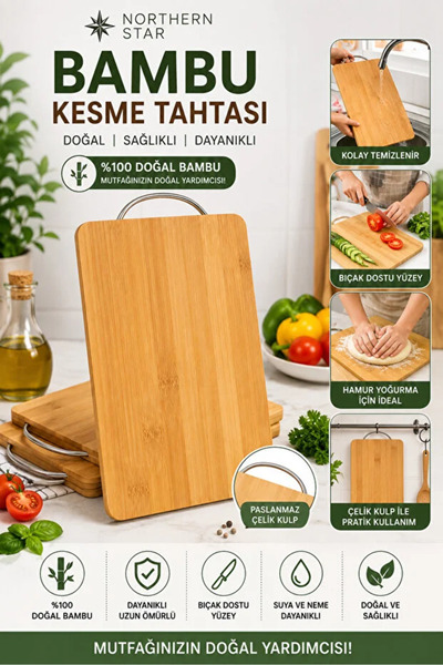 FBZhome Bambu Kesme Tahtası Çelik Saplı Ahşap Kesim Panosu 1 Adet 20X30 CM