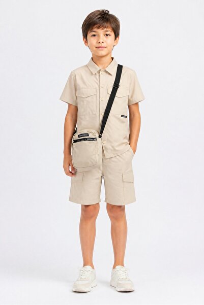 Fudo Kids Boy 3 Pieces Shirt With Bottom And Cross Body Bag Set, Beige