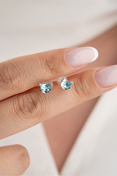Nereze 925 Ayar Gümüş Rodyum Kaplama Blue Topaz Taşlı Kedi Model Tektaş Küpe