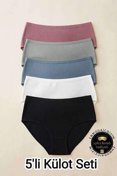 Tutku 5 Pieces Women's 100% Cotton High Waist Ribbed Plus Size Panties Gather...