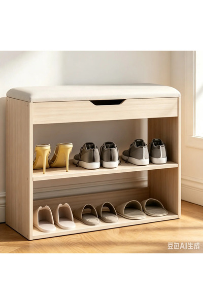 Arabest Light Wood Shoe Storage Bench with Off White Cushioned Seat, 2-Tier O...