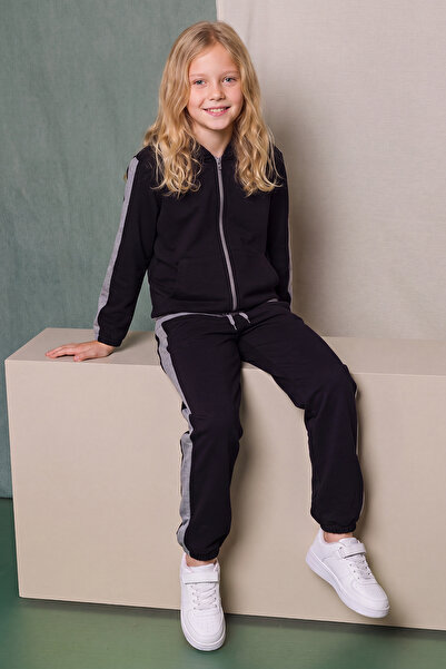 FYK KİDS Girl's Stripe Detailed Zippered Hooded Double Pocket Tracksuit Set