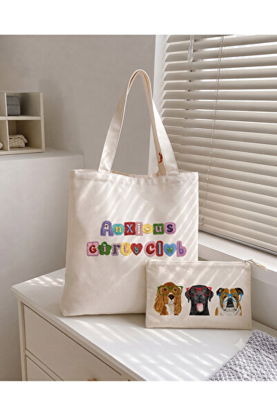 Anxious Girl Club Baskılı Bez Çanta, Tote Bag ve Köpekli Makyaj Çantası