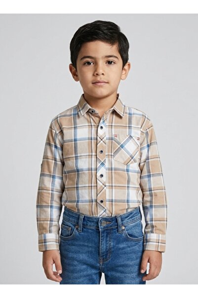 Babyqlo Boys Beige Checkered Long Sleeve Shirt