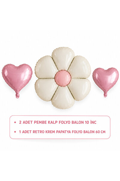 ÇAVUŞ E-TİCARET Pembe Kalp ve Retro Papatya Pastel Folyo Balon Parti Seti Kre...