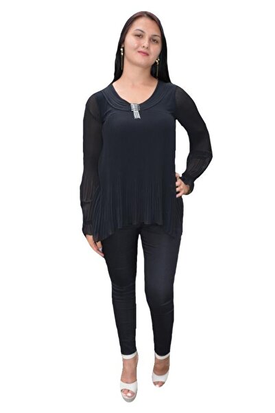 OEM Bluza eleganta cu maneca lunga, din voal negru cu model plisat