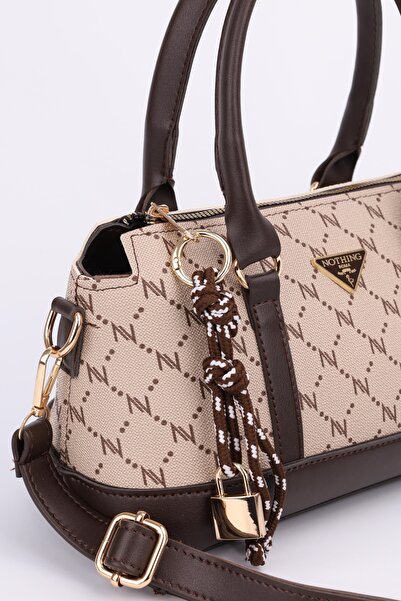 NOTHING Kadın Monogram Vizon Kahve Deri Kilit Charm Detaylı El Omuz ve Çapraz Çanta Elena