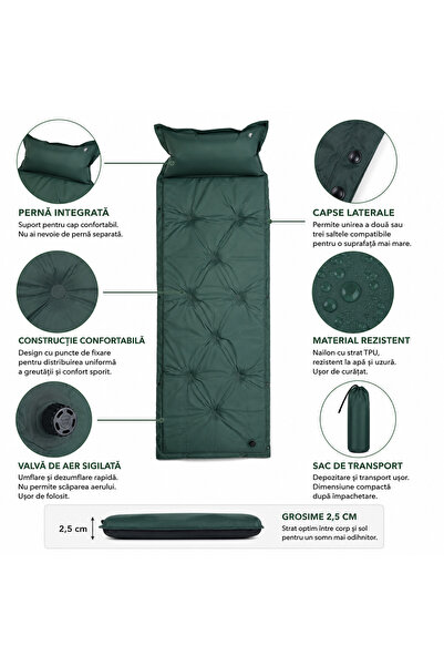 Generic Brand Saltea gonflabila camping cu perna integrata, 180 x 60 x 2.5 , verde