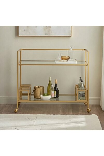 YINZUO 2 Tier Serving Trolley with Clear Glass Shelves, Welded Metal Frame Bar Cart with Lockable Wheels, Rolling Kitchen Cart, Modern Tea Coffee Drink Service Cart