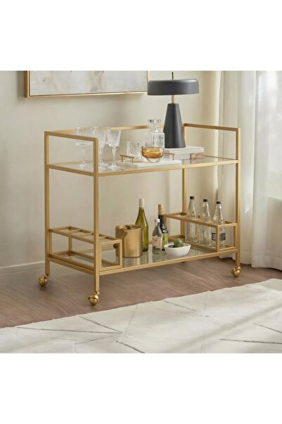 YINZUO 2 Tier Serving Trolley with Clear Glass Shelves, Welded Metal Frame Ba...