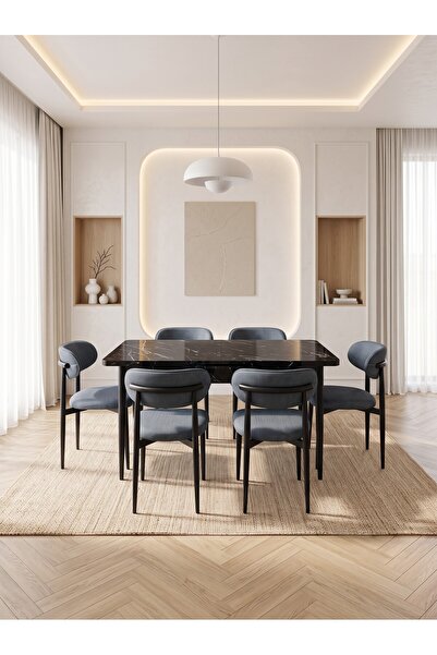 Concept Ayz Home Bella Serisi 6 Kişilik Antrasit Kumaş 80*130 Siyah Mermer Ma...