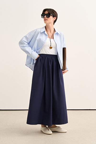 EBU Prive Women's Poplin Skirt with Elastic Waist Navy Blue