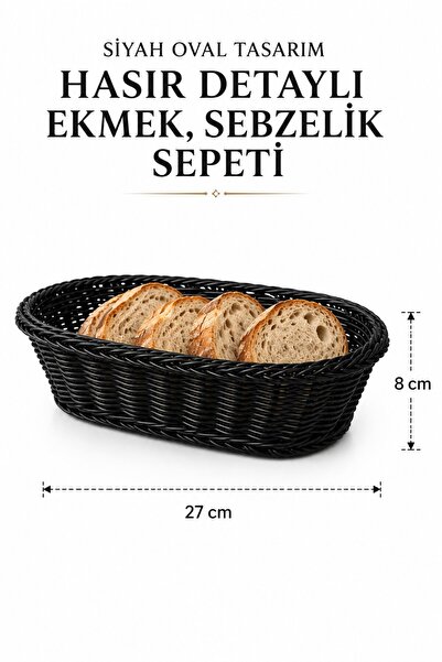 Rosie Siyah Oval Tasarım Hasır Detaylı Ekmek, Sebzelik Sepeti 27x 8 cm