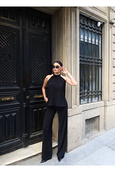 Kadın Boğazlı Halter Yaka Bluz Wide Leg Pantolon İkili Takım