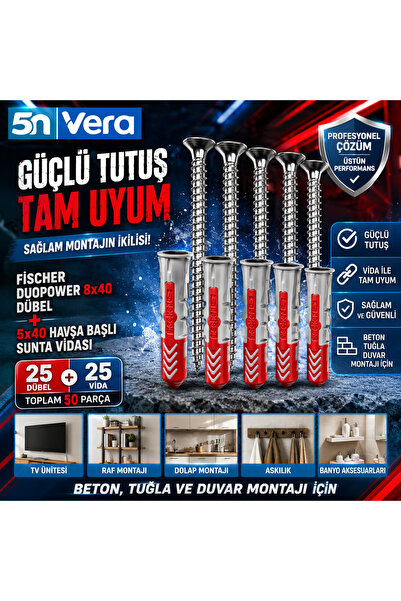 Fischer DuoPower 8x40 Dübel ve 5x40 Havşa Başlı Sunta Vidası Seti | 25 Dübel ...