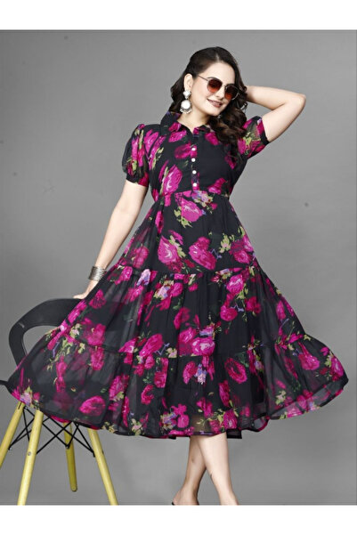 MYSMAR Black Printed Georgette Gown - FFT8084 | Black-Size:M-38-Inches
