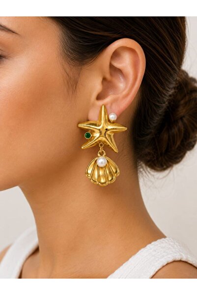 CM Jewelry Pearl Detailed Starfish and Seashell Gold Steel Earrings