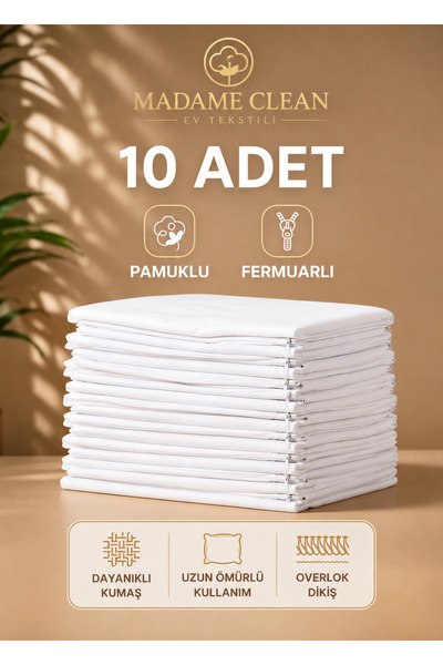 Madame Clean Home 10'lu Pamuklu Fermuarlı İç Yastık Kılıfı Beyaz İç Astar Yas...