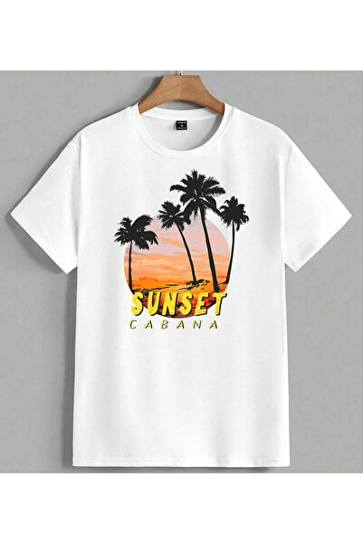 ELFERA Sunset Cabana Palm Beach majica sa printom, unisex, velika veličina, bela