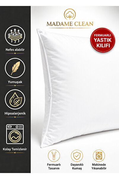 Madame Clean Home 1 Adet Premium Pamuklu 50x70 Beyaz Fermuarlı Yastık Kılıfı | İç Astar