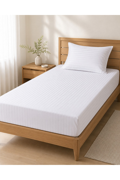 H&F Trendline White Striped Cotton Satin 100% Cotton Single Fitted Sheet Set ...