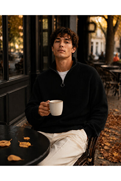 oneoff Men's Premium Half-Zip Ribbed Knit Sweater