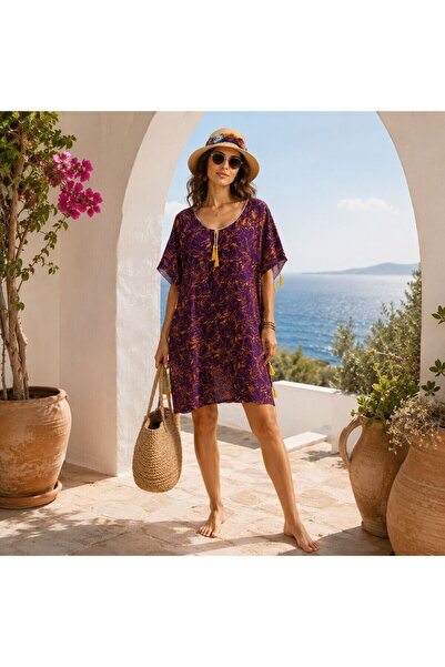 BIJUTERI Par-13052 Purple Mustard Abstract Floral Patterned Beach Dress & Par...