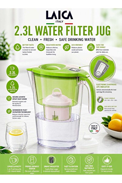LAICA 2.3L Water Filter Jug Green BPA Free Filter Pitcher with Bi Flux Cartri...