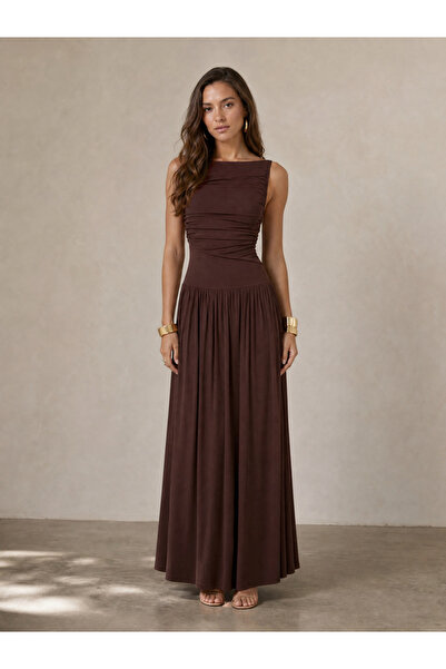 Styli Brown Ruched A-Line Maxi Dresss