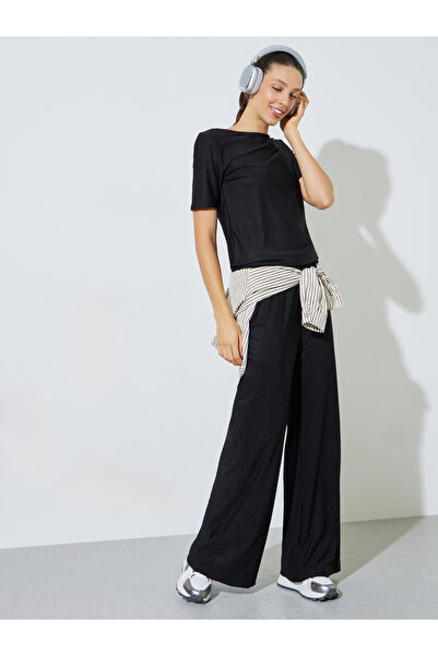 Styli Black Plisse Wide Leg Pants