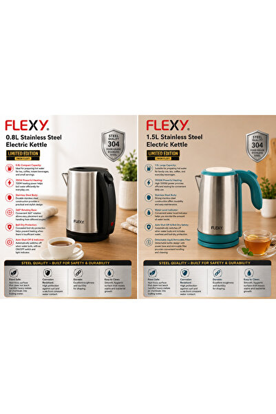 flexy Stainless Steel Electric Kettle Combo – 0.8L & 1.5L Capacity, 360° Rota...