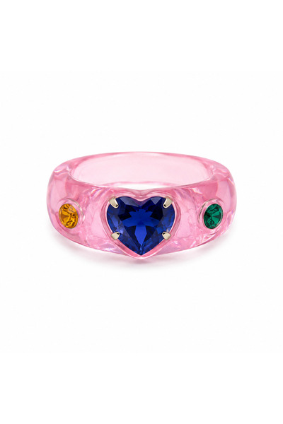 POSEİDONS JEWELLERY Şeffaf Pembe Reçine Lacivert Kalp Taşlı Kadın Yüzük