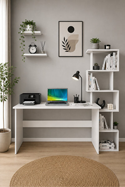 258 MoLife Kitaplıklı Çalışma Masası Bilgisayar Masası Yankı Beyaz