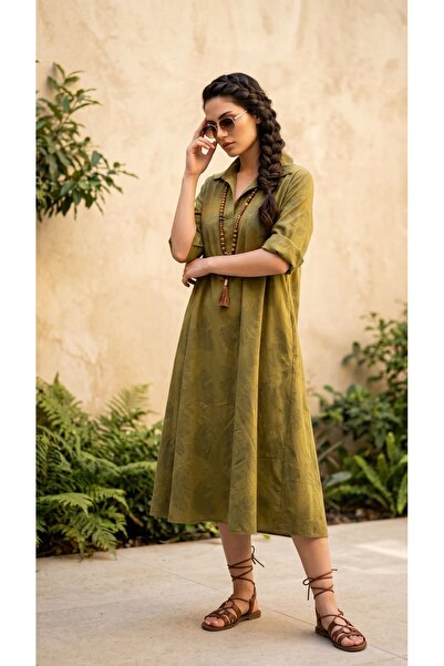 Yame Leaf Patterned Casual Shirt Dress |   Khaki Green Midi Dress