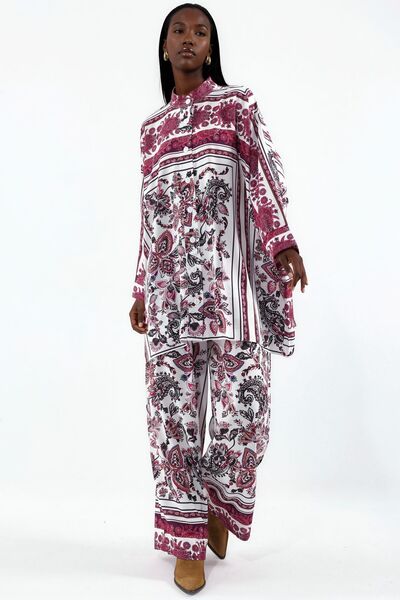 Hiccup Msn Patterned V-Neck Blouse and Wide-Leg Pants Set