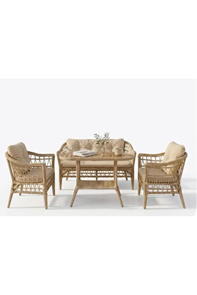 Alle Garden Mini Çay Seti 4 Kişilik Rattan Balkon Takımı Masalı Bahçe Teras V...
