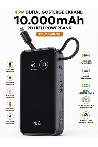 DEANB 10000mAh Powerbank PD 45W Hızlı Şarj Dijital Ekranlı Dahili Type-C Kabl...