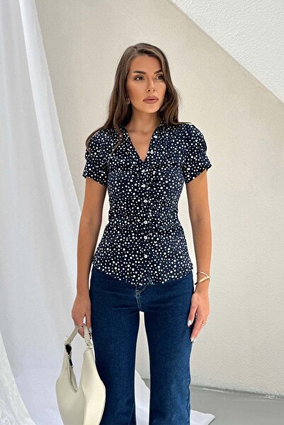 RB CLUB Navy Blue Polka Dot Blouse with Drawstring Detail