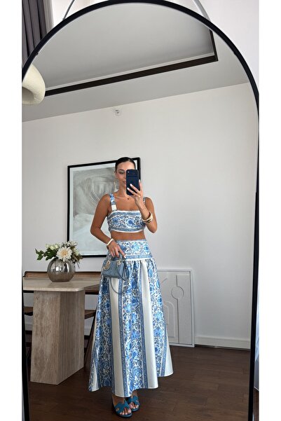 sinem kıvanç MAVİ DESENLİ SATEN CROP ETEK TAKIM