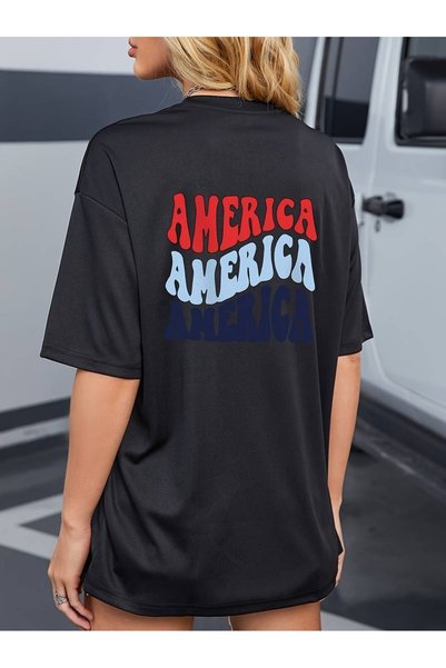 WESTİMO Women's Black America Printed Oversize T-Shirt