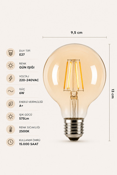 BLENK E27 G95 LED Filament Ampul 6W 2500K Gün Işığı Dekoratif Rustik Ampul